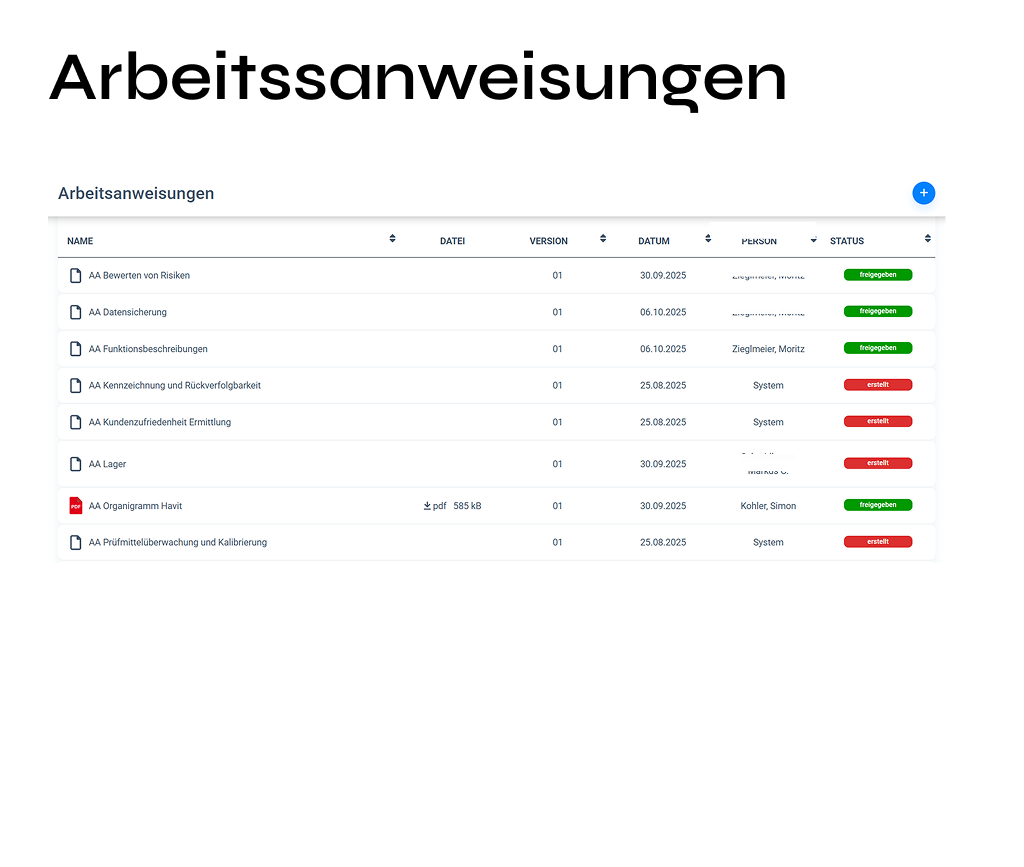 Übersicht über Arbeitsanweisungen mit Details zu Version, Datum, Verantwortlichen und Freigabestatus.