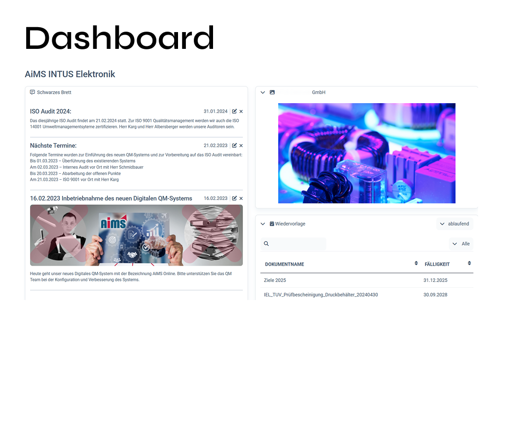 Dashboard "AiMS INTUS Elektronik" mit Ankündigung zum ISO-Audit 2024, Terminplan und Informationen zum digitalen QM-System.