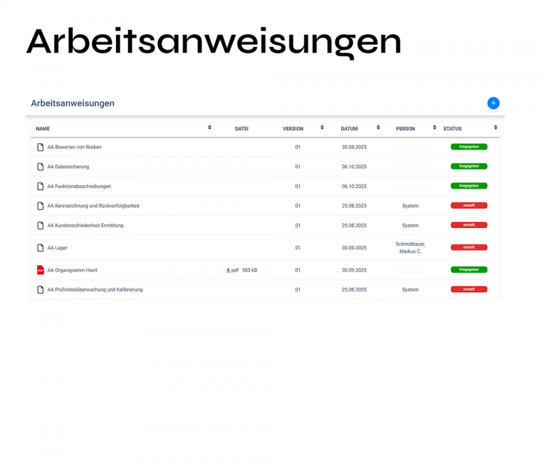 Übersicht über Arbeitsanweisungen mit Details zu Version, Datum, Verantwortlichen und Freigabestatus.